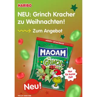 Only for a short time: MAOAM Grinch Kracher – Christmas gets cheeky & fruity!
But be careful: the Grinch doesn’t like to share – grab them before he does! 
